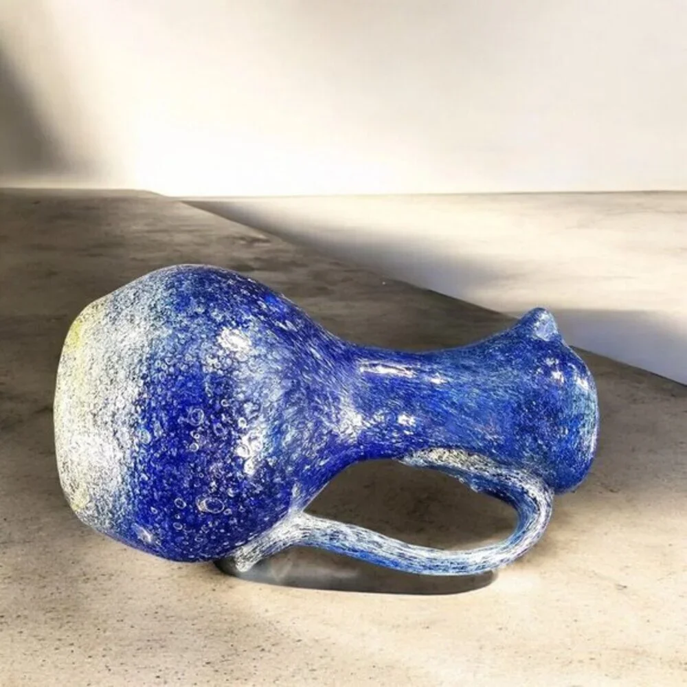 Hand Blown Glass Pitcher Carafe Brutalist Style With Bubbles Blue Yellow Glass‎